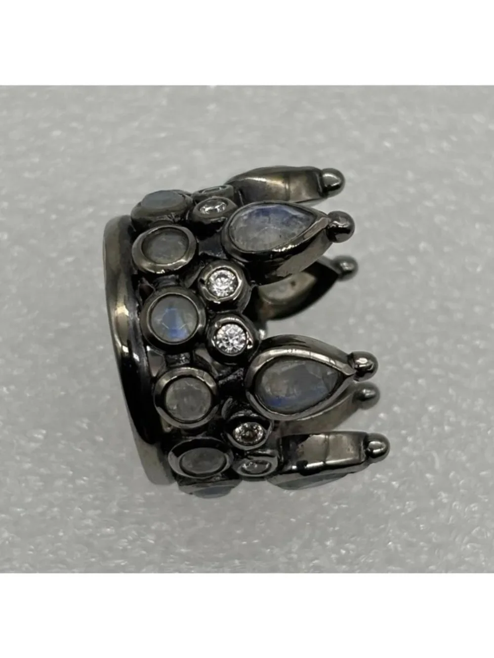 Hespera Jewelry 6 Pointed Crown Ring Gunmetal With Faux Teardrop Pave Moonstones